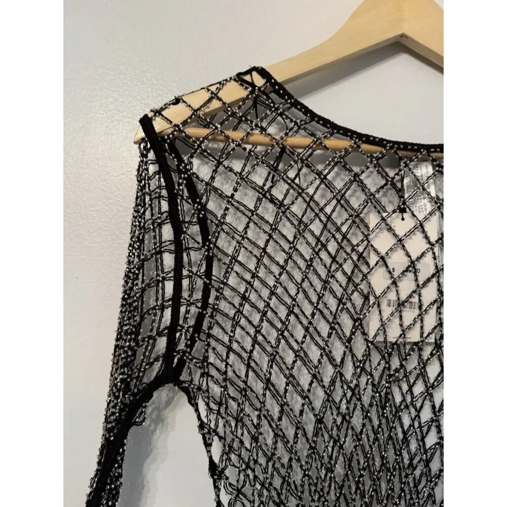 Zara Women’s XS Black Beaded Mesh Fishnet Top Alternative Goth Glam Festival